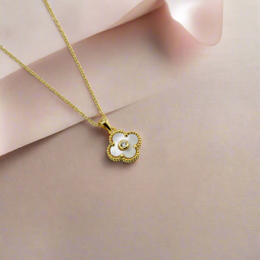 18K Gold Plated over 925 Sterling Silver Mother of Pearl Four Leaf Clover Necklace