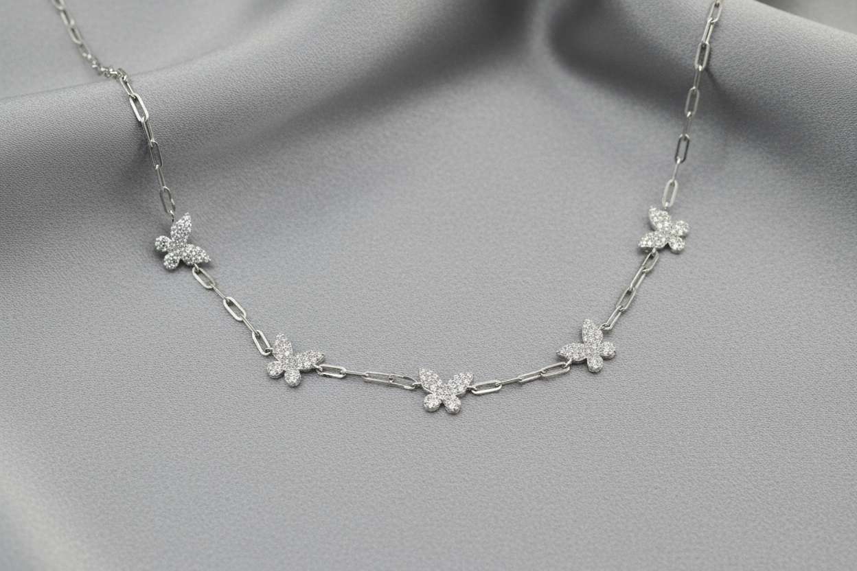 18K Gold Plated Over 925 Sterling Silver Dainty Butterfly CZ Link Necklace