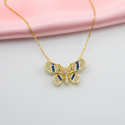 18K Gold Plated Over 925 Sterling Silver Blue CZ Butterfly Necklace