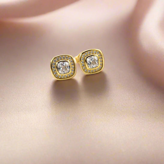 18K Gold Plated Over 925 Sterling Silver Cushion Cut Halo Stud Earrings