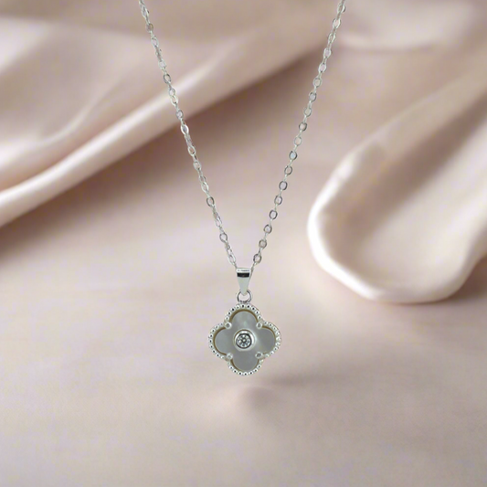 925 Sterling Silver Mother of Pearl Four Leaf Clover Necklace