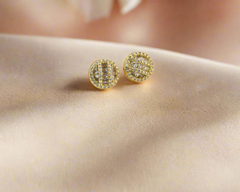 18K Gold Plated over 925 Sterling Silver Baguette CZ Circle Stud Earrings