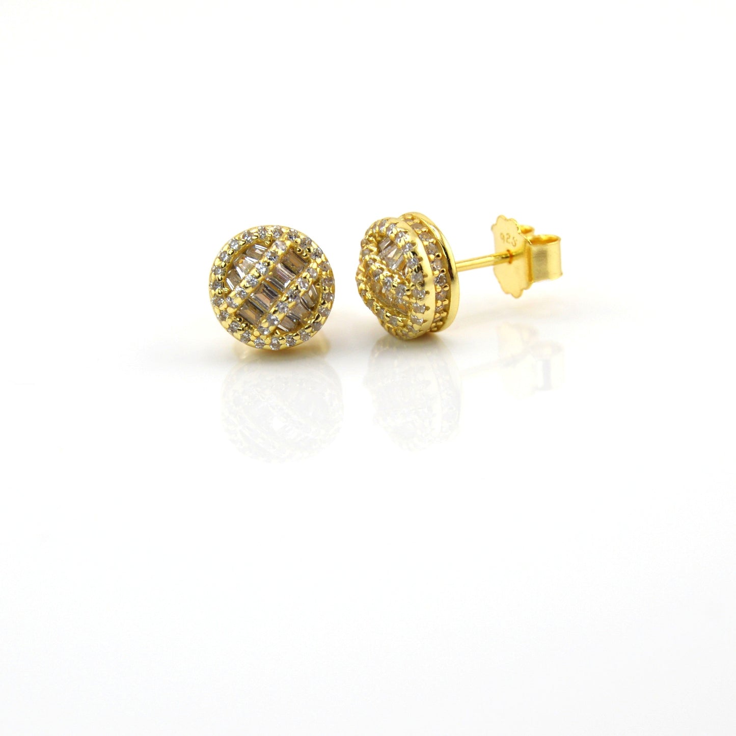 18K Gold Plated over 925 Sterling Silver Baguette CZ Circle Stud Earrings