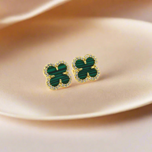 18K Gold Plated Over 925 Sterling Silver Enclosed Clover Stud Earrings