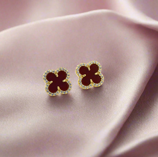 925 Sterling Silver Marron Red Enclosed Clover Stud Earrings