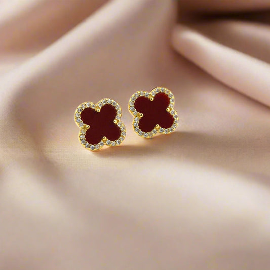18 Gold Plated over 925 Sterling Silver Maroon Red Clover Stud Earrings
