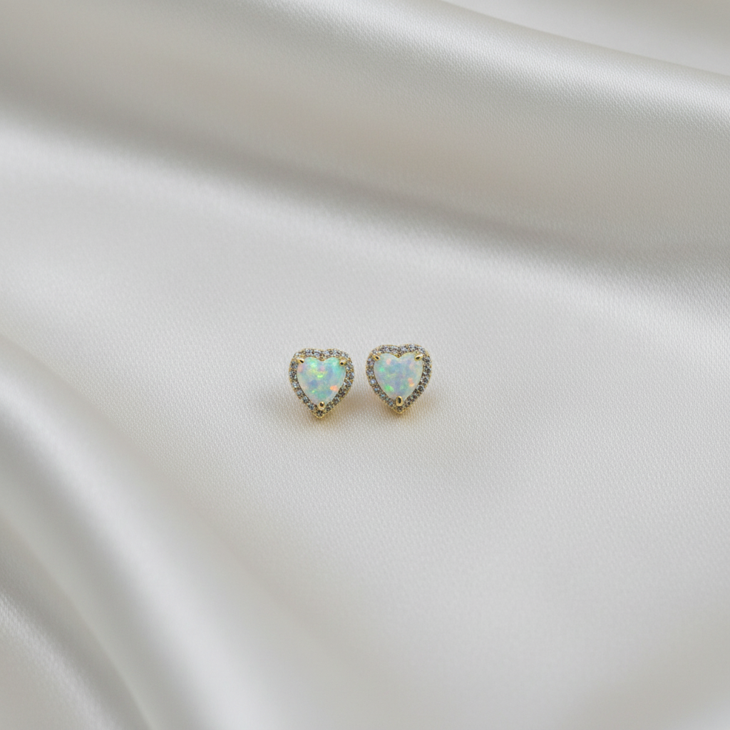 18K Gold Plated Over 925 Sterling Silver Opal CZ Heart Stud Earrings