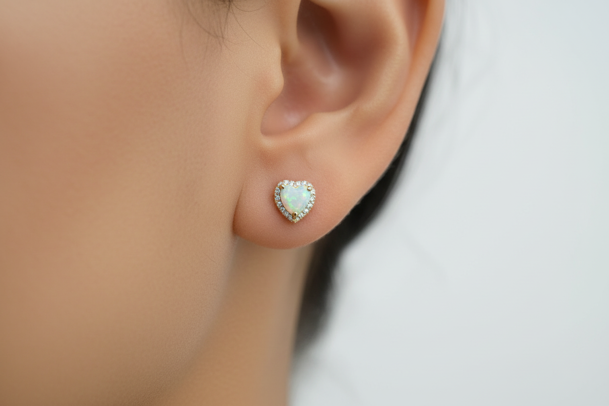 18K Gold Plated Over 925 Sterling Silver Opal CZ Heart Stud Earrings