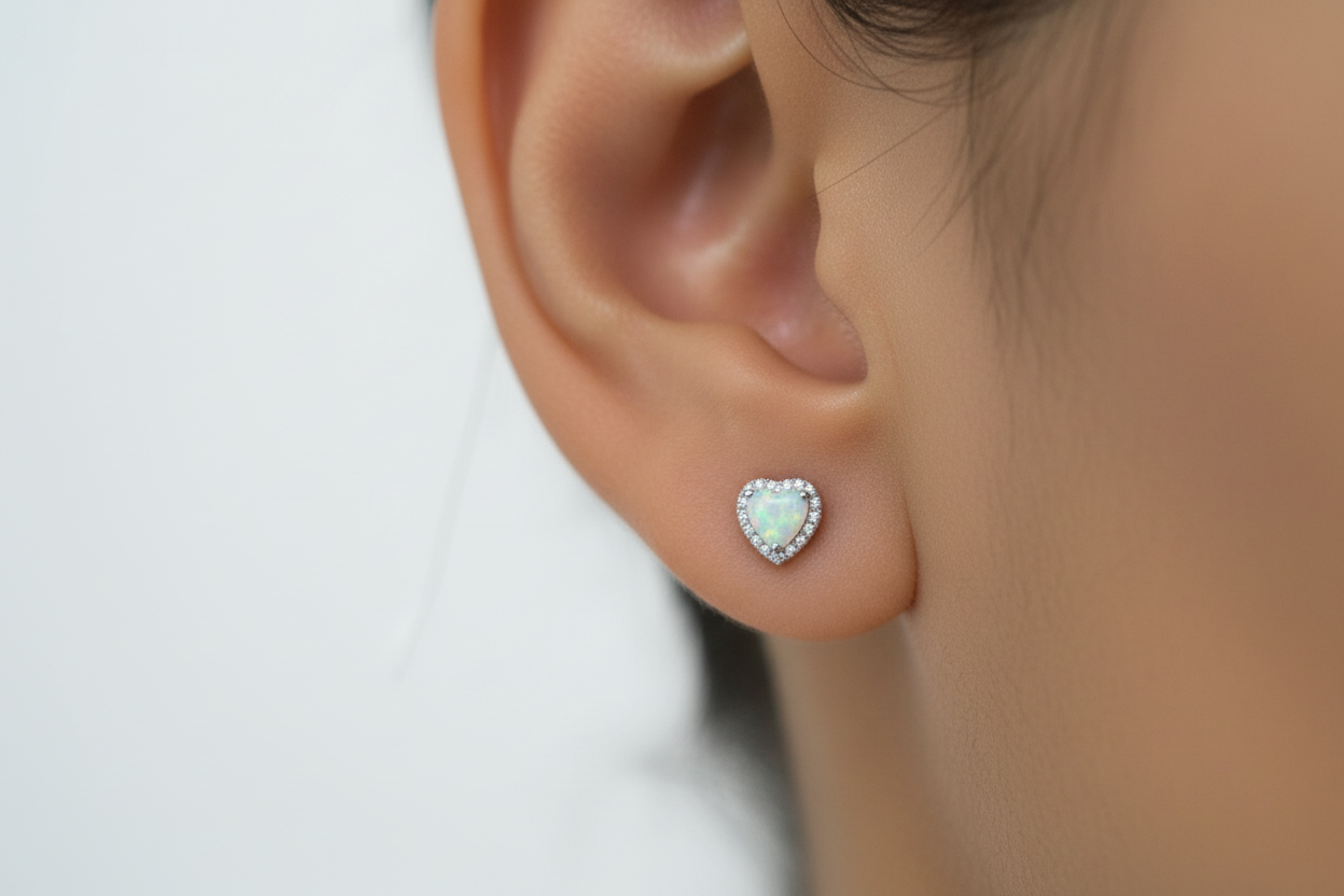 18K Gold Plated Over 925 Sterling Silver Opal CZ Heart Stud Earrings