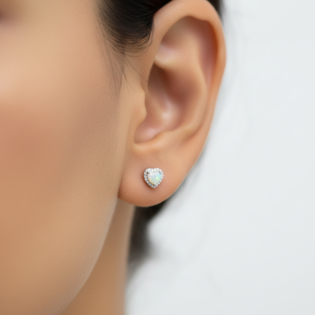 18K Gold Plated Over 925 Sterling Silver Opal CZ Heart Stud Earrings