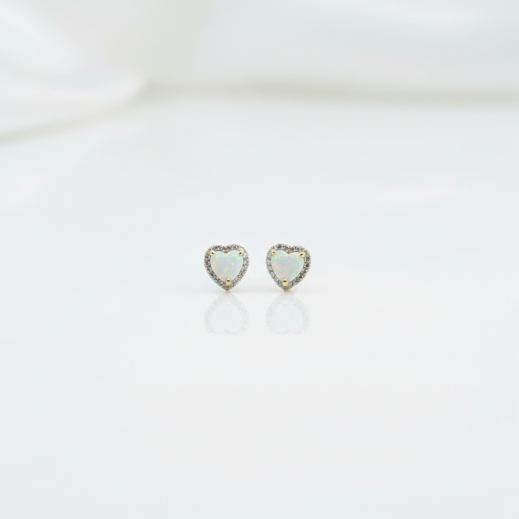 18K Gold Plated Over 925 Sterling Silver Opal CZ Heart Stud Earrings