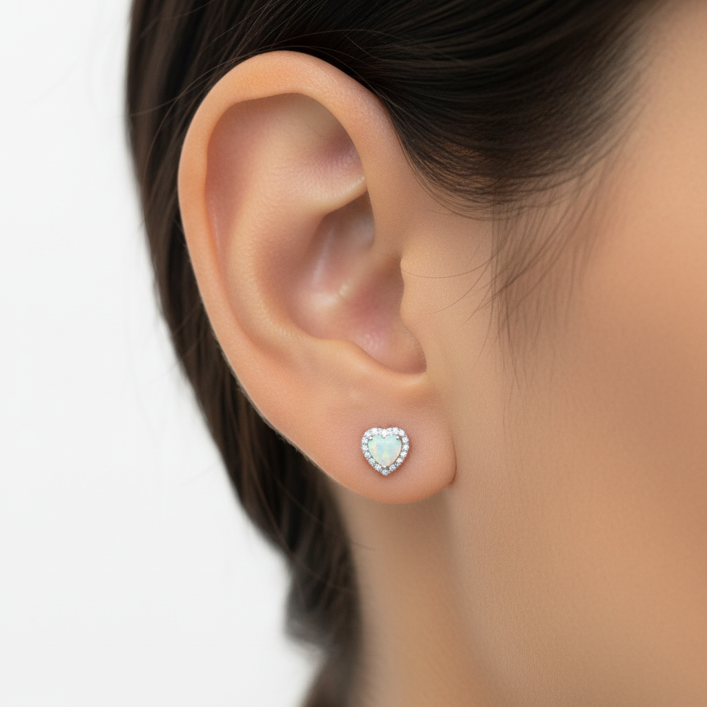 18K Gold Plated Over 925 Sterling Silver Opal CZ Heart Stud Earrings