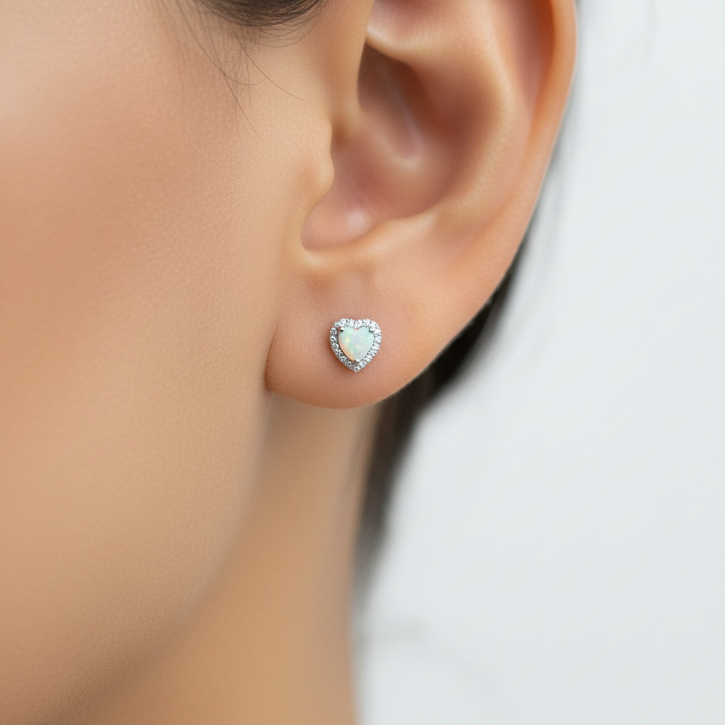 18K Gold Plated Over 925 Sterling Silver Opal CZ Heart Stud Earrings