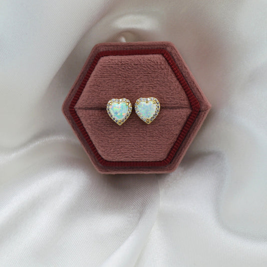 18K Gold Plated Over 925 Sterling Silver Opal CZ Heart Stud Earrings