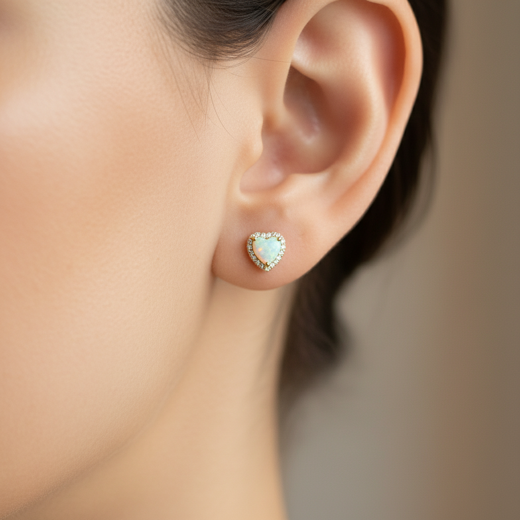 18K Gold Plated Over 925 Sterling Silver Opal CZ Heart Stud Earrings