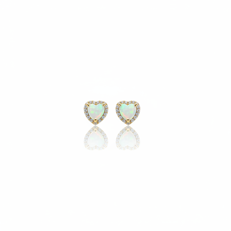 18K Gold Plated Over 925 Sterling Silver Opal CZ Heart Stud Earrings