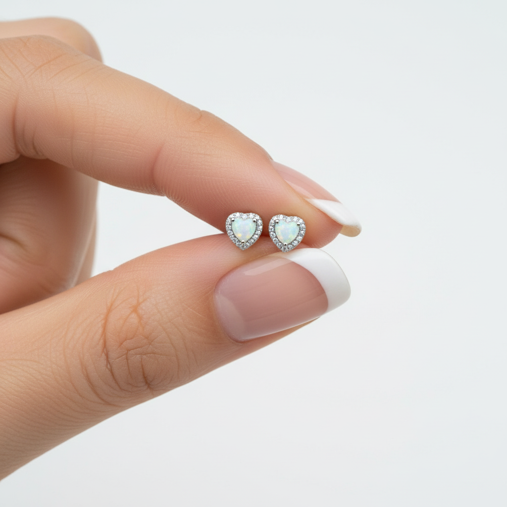 18K Gold Plated Over 925 Sterling Silver Opal CZ Heart Stud Earrings