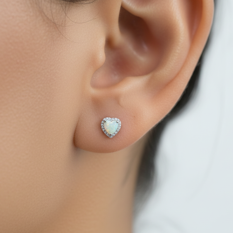 18K Gold Plated Over 925 Sterling Silver Opal CZ Heart Stud Earrings