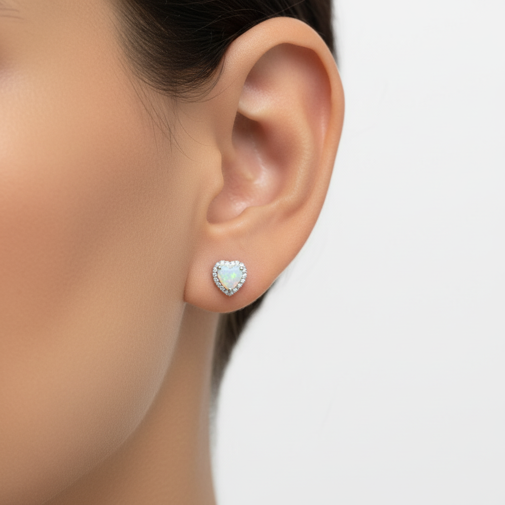 18K Gold Plated Over 925 Sterling Silver Opal CZ Heart Stud Earrings