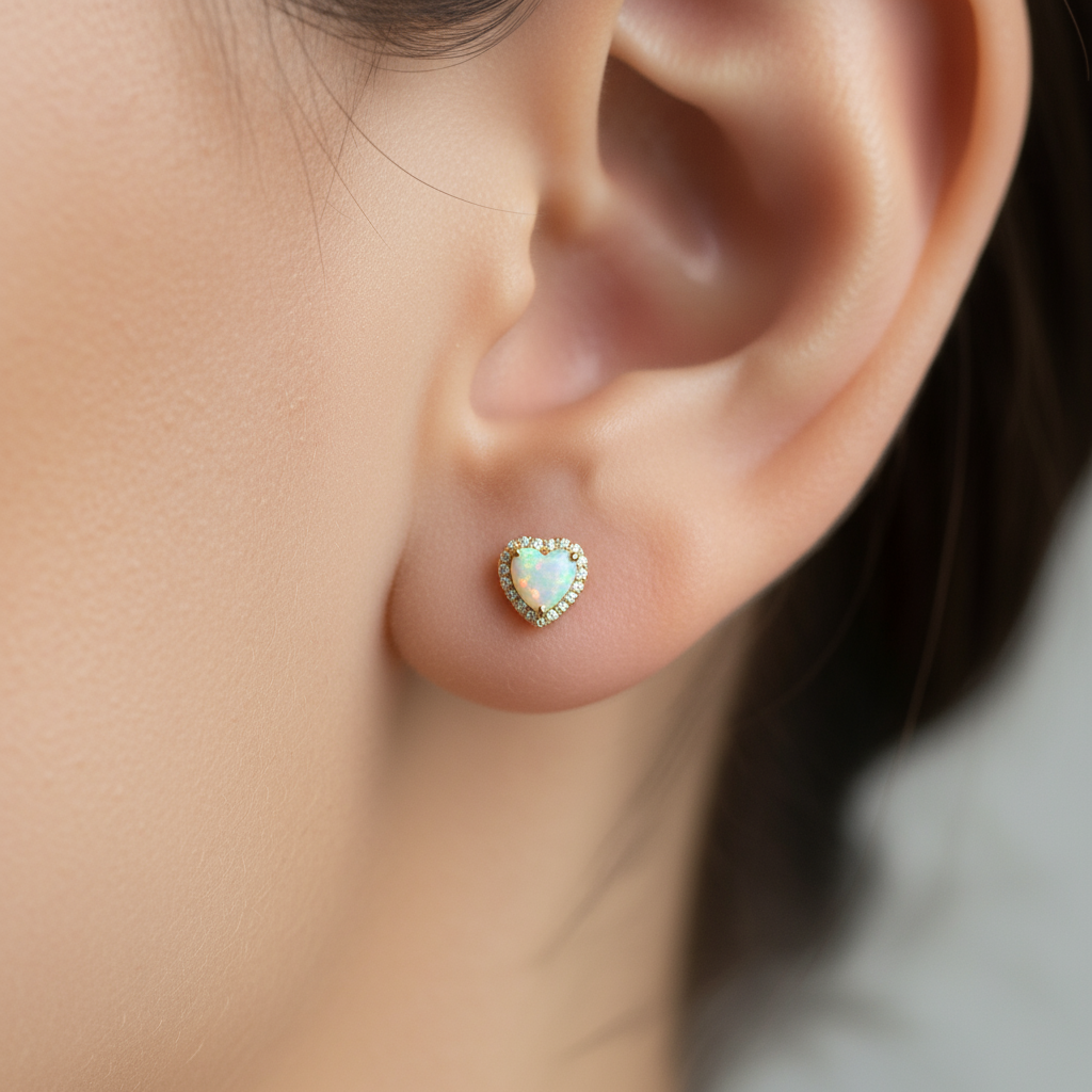 18K Gold Plated Over 925 Sterling Silver Opal CZ Heart Stud Earrings