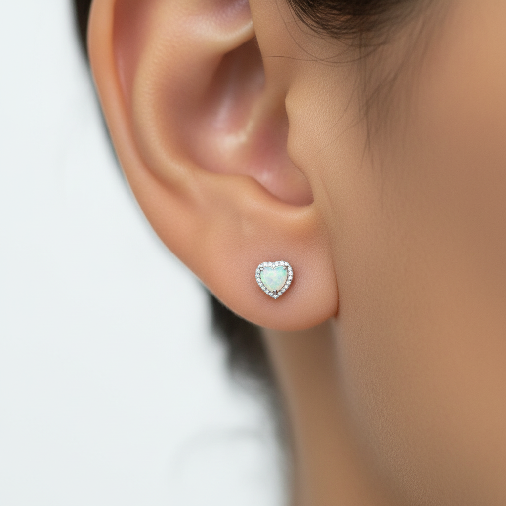 18K Gold Plated Over 925 Sterling Silver Opal CZ Heart Stud Earrings