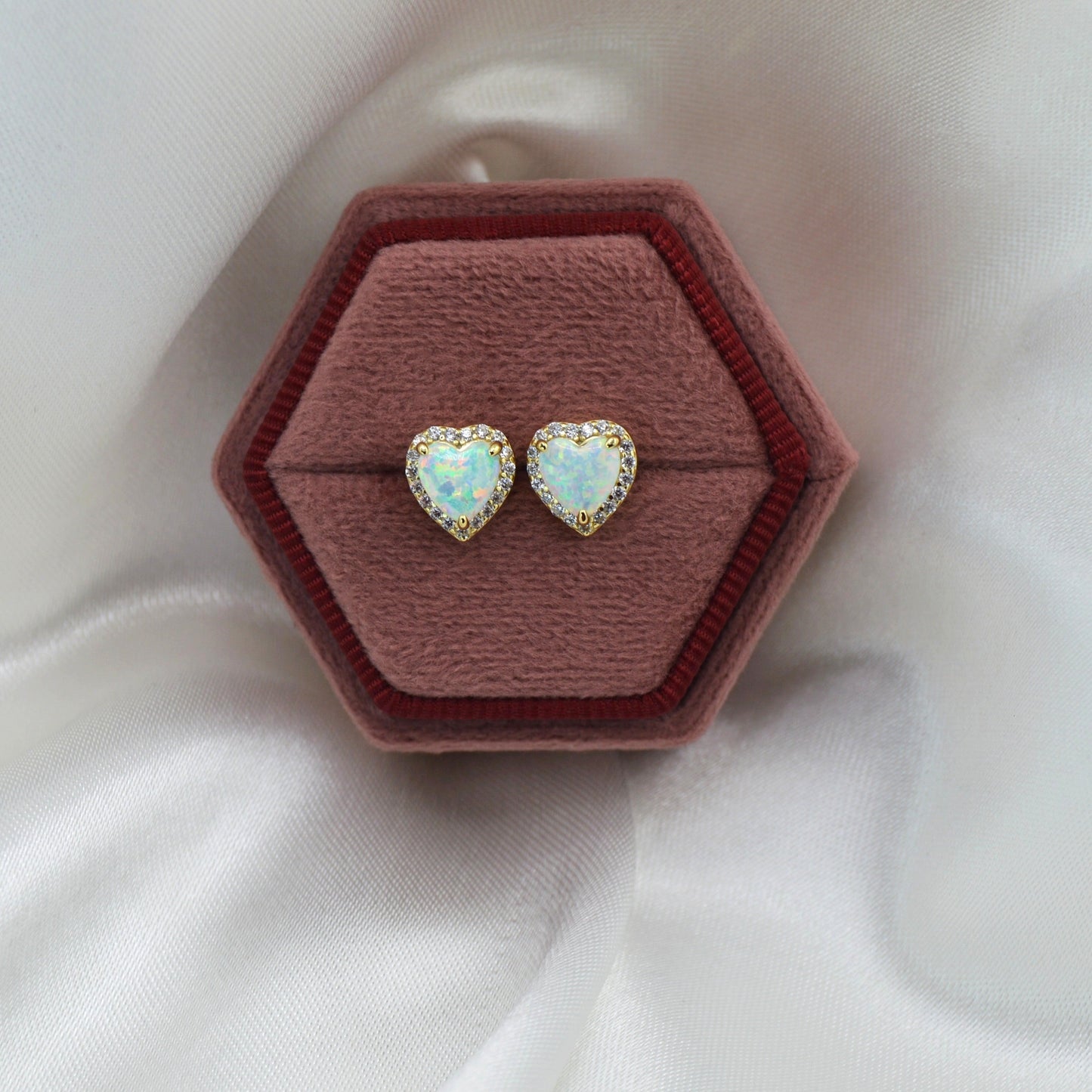 18K Gold Plated Over 925 Sterling Silver Opal CZ Heart Stud Earrings