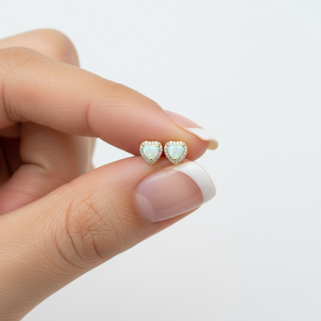 18K Gold Plated Over 925 Sterling Silver Opal CZ Heart Stud Earrings