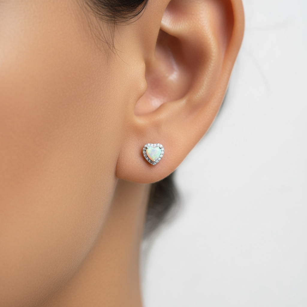 18K Gold Plated Over 925 Sterling Silver Opal CZ Heart Stud Earrings
