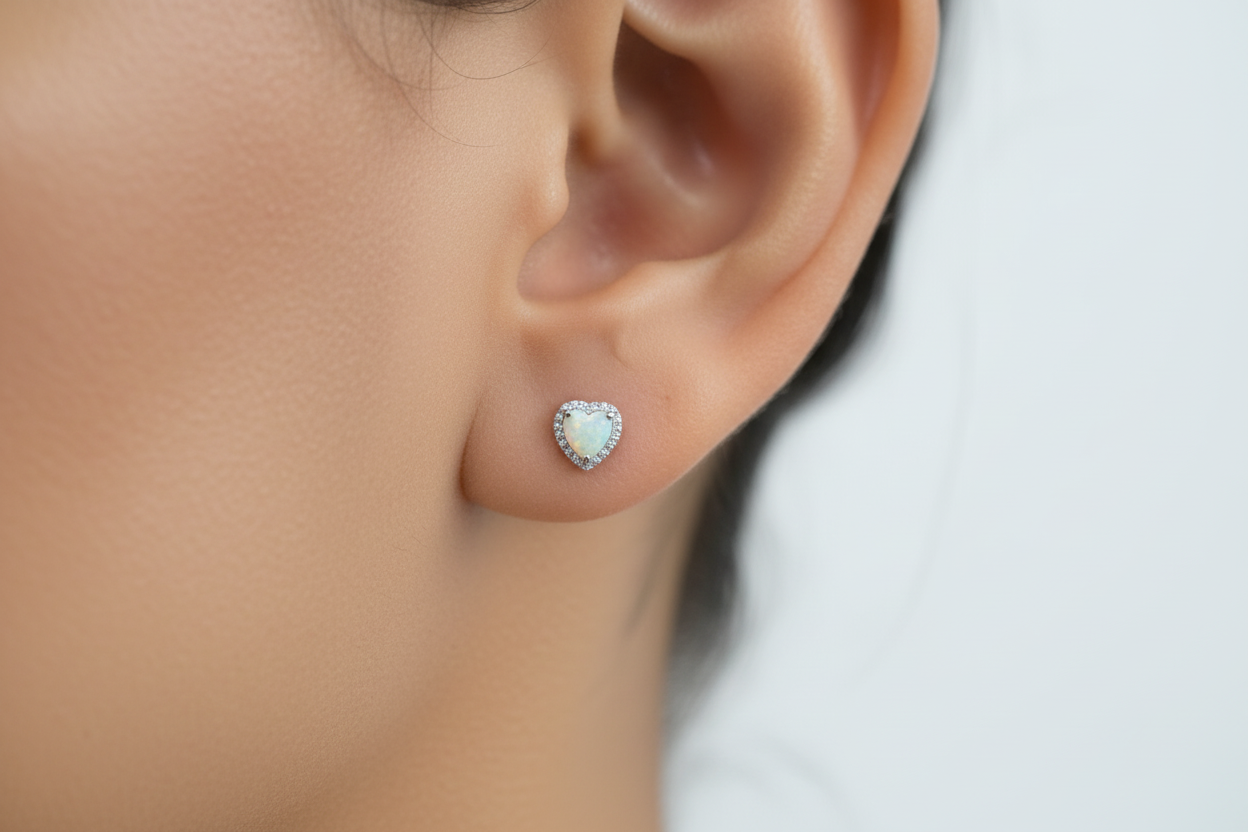 18K Gold Plated Over 925 Sterling Silver Opal CZ Heart Stud Earrings