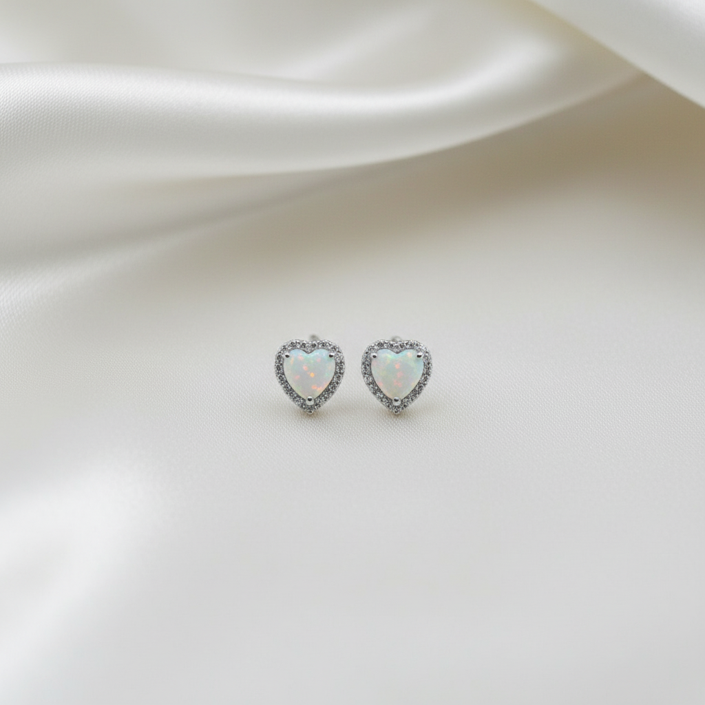 18K Gold Plated Over 925 Sterling Silver Opal CZ Heart Stud Earrings