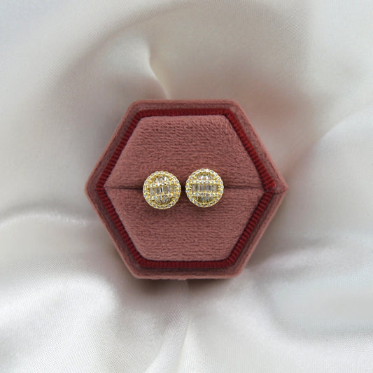 18K Gold Plated over 925 Sterling Silver Baguette CZ Circle Stud Earrings