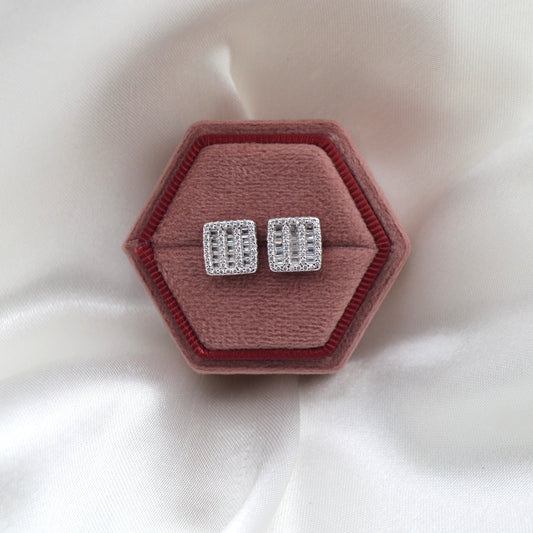 925 Sterling Silver Baguette CZ Square Stud Earrings