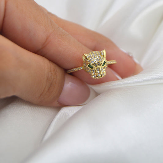 18K Gold Plated Over 925 Sterling Silver Panther/Jaguar With Green Eyes Ring